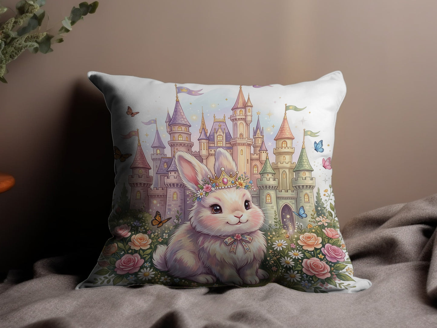 Illustration of a crowned bunny in front of a castle, surrounded by flowers.