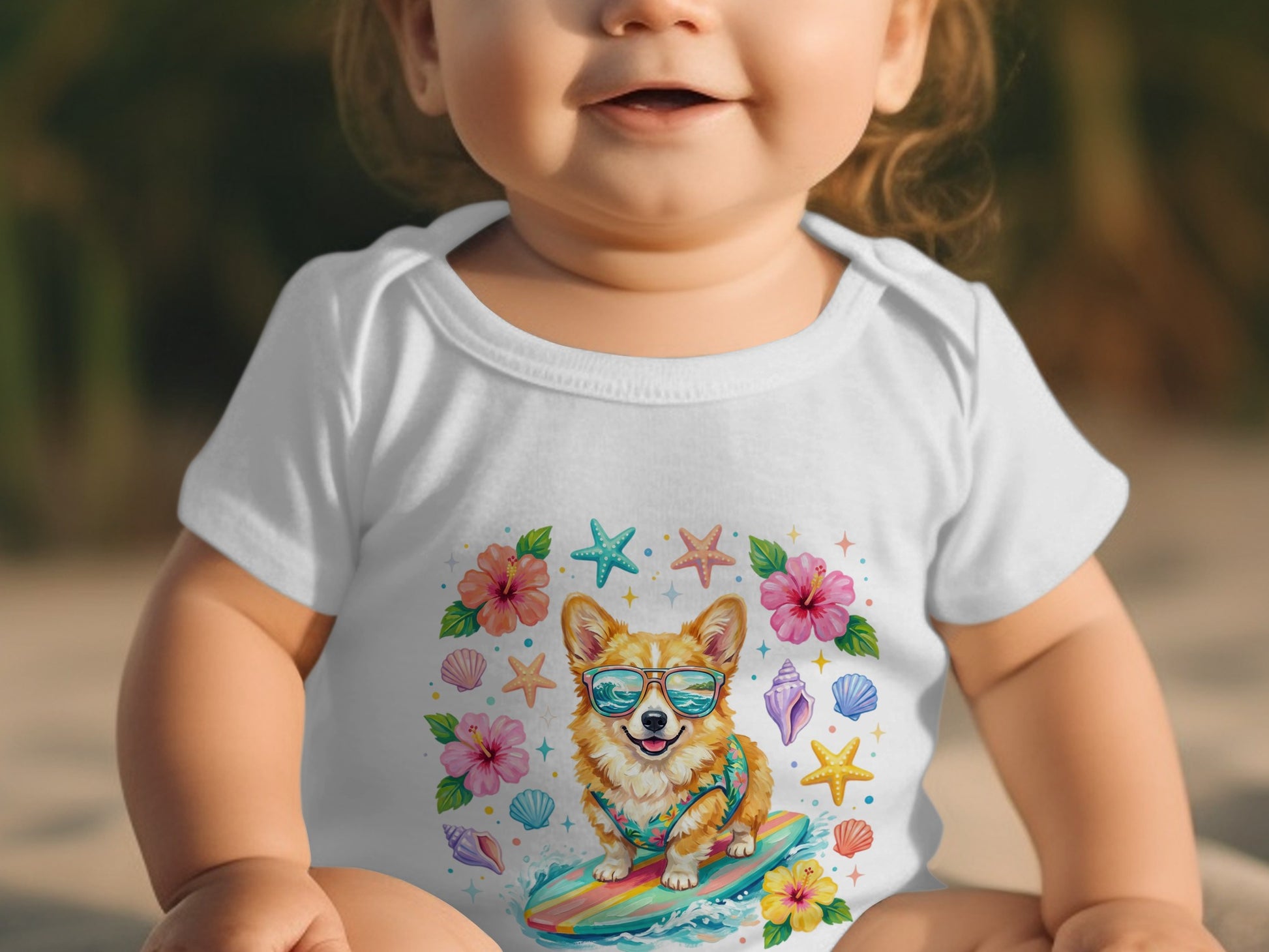 Baby wearing white bodysuit with Corgi surfer illustration and seashells.