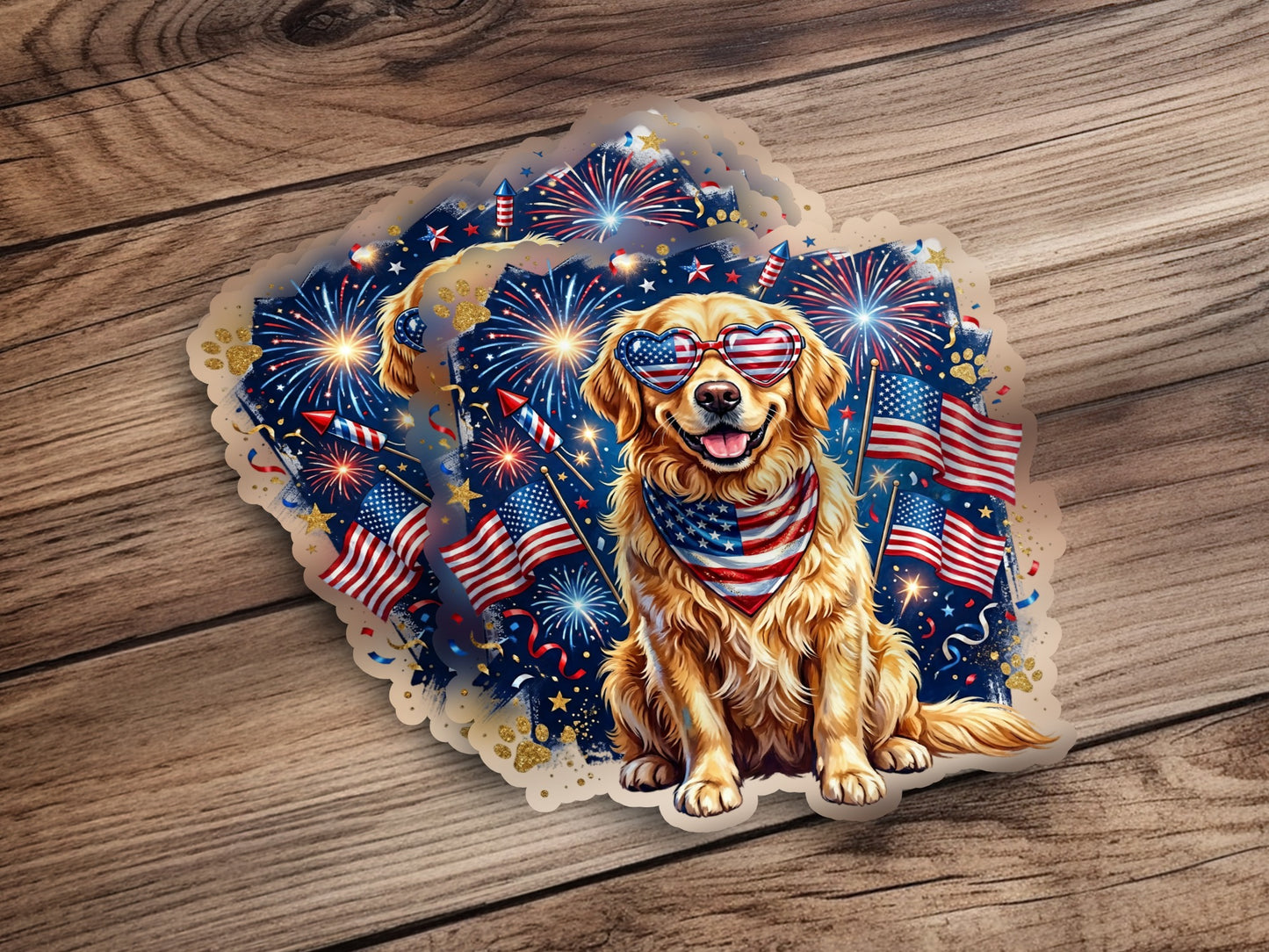 Golden retriever wearing heart sunglasses and bandana with American flags and fireworks.