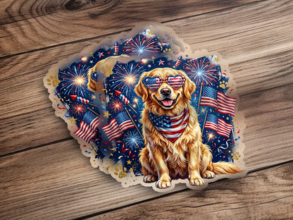 Golden retriever wearing heart sunglasses and bandana with American flags and fireworks.