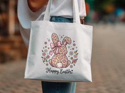 White tote bag with a pink leopard print bunny and "Happy Easter" text.