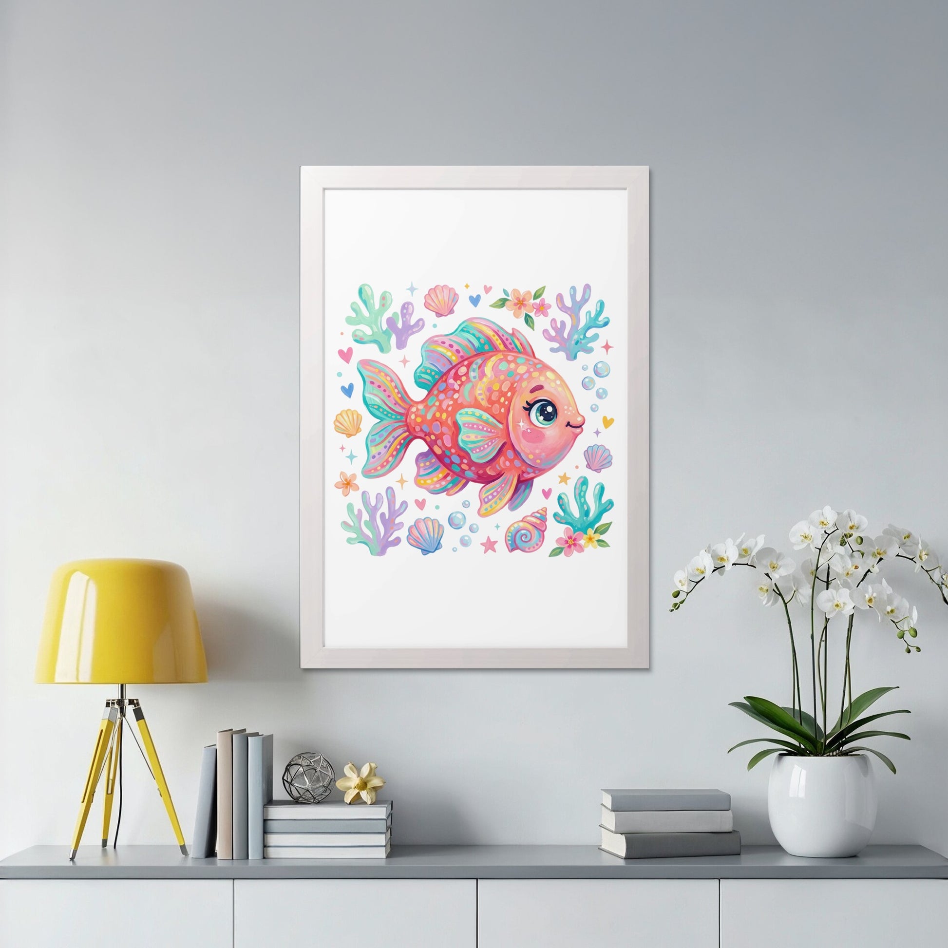 Cute cartoon coral fish with seashells and flowers in a white frame.