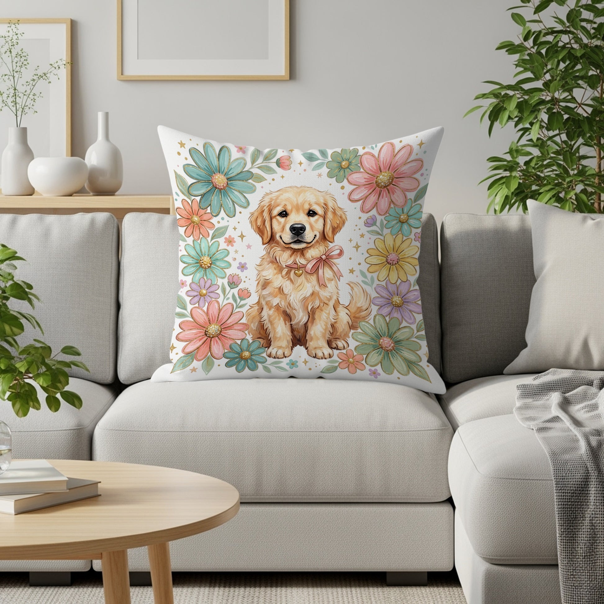 Golden retriever puppy surrounded by pastel flowers on a decorative pillow.