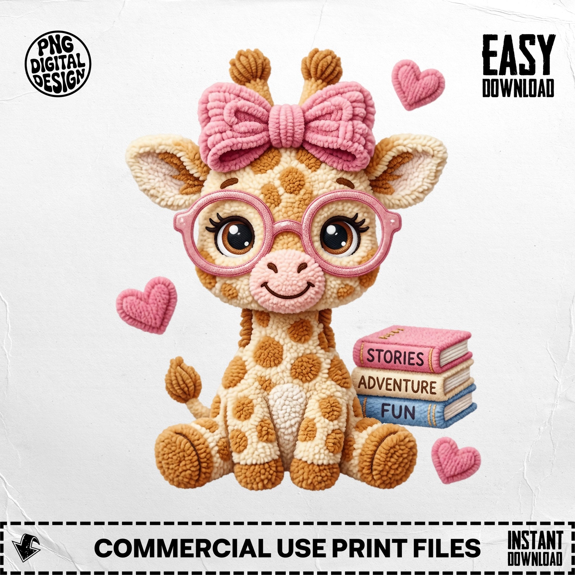 Cute cartoon giraffe with pink bow, glasses, and stack of books.