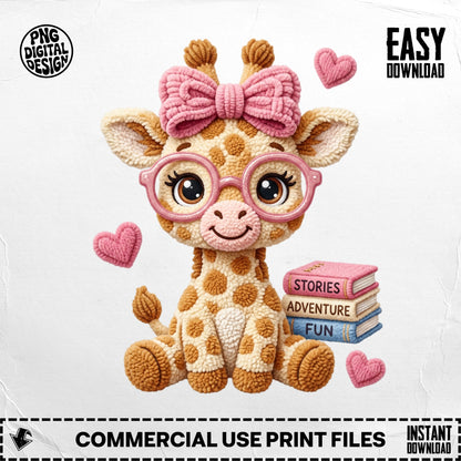 Cute cartoon giraffe with pink bow, glasses, and stack of books.