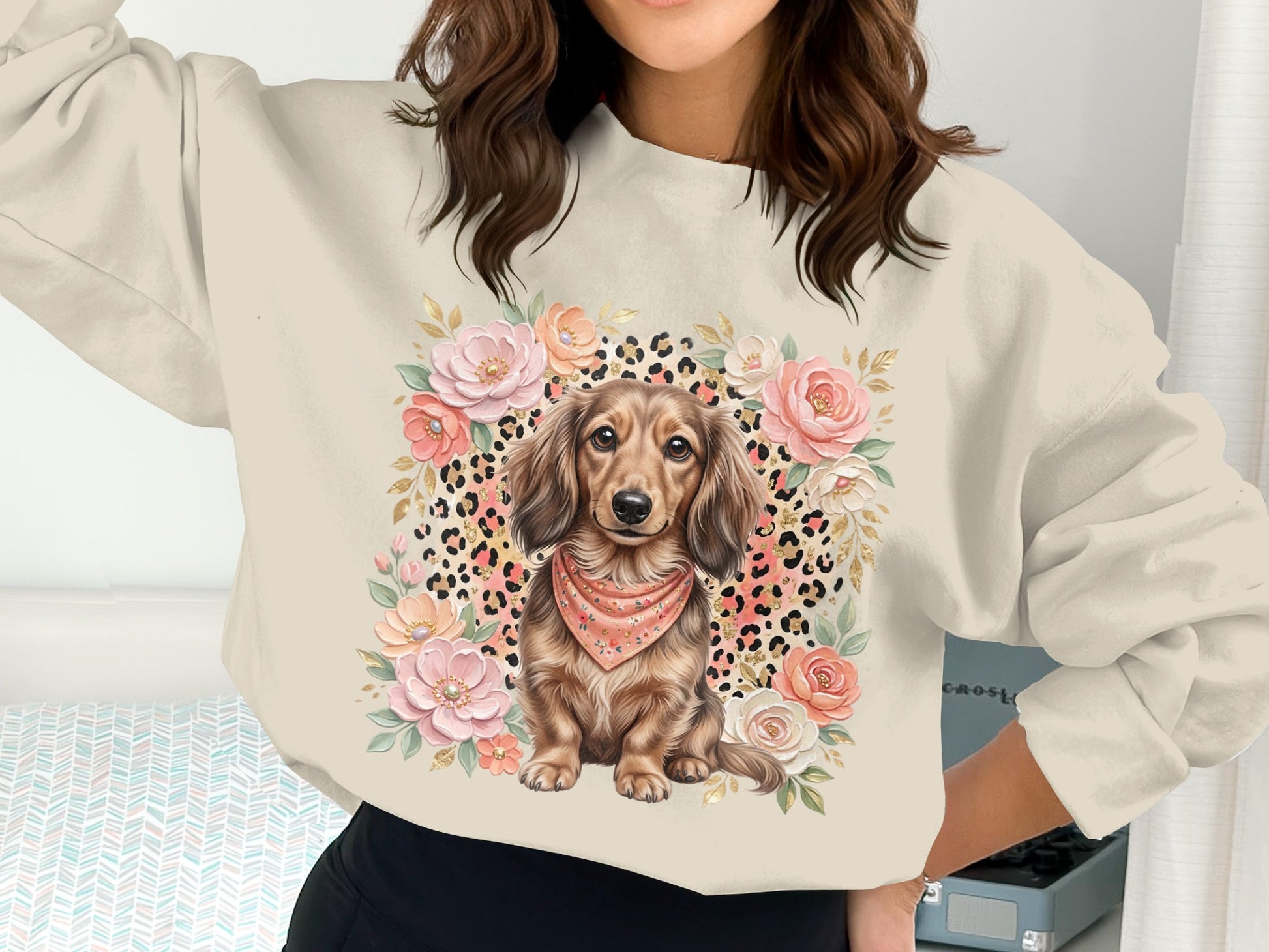 Dachshund wearing bandana surrounded by flowers and leopard print.