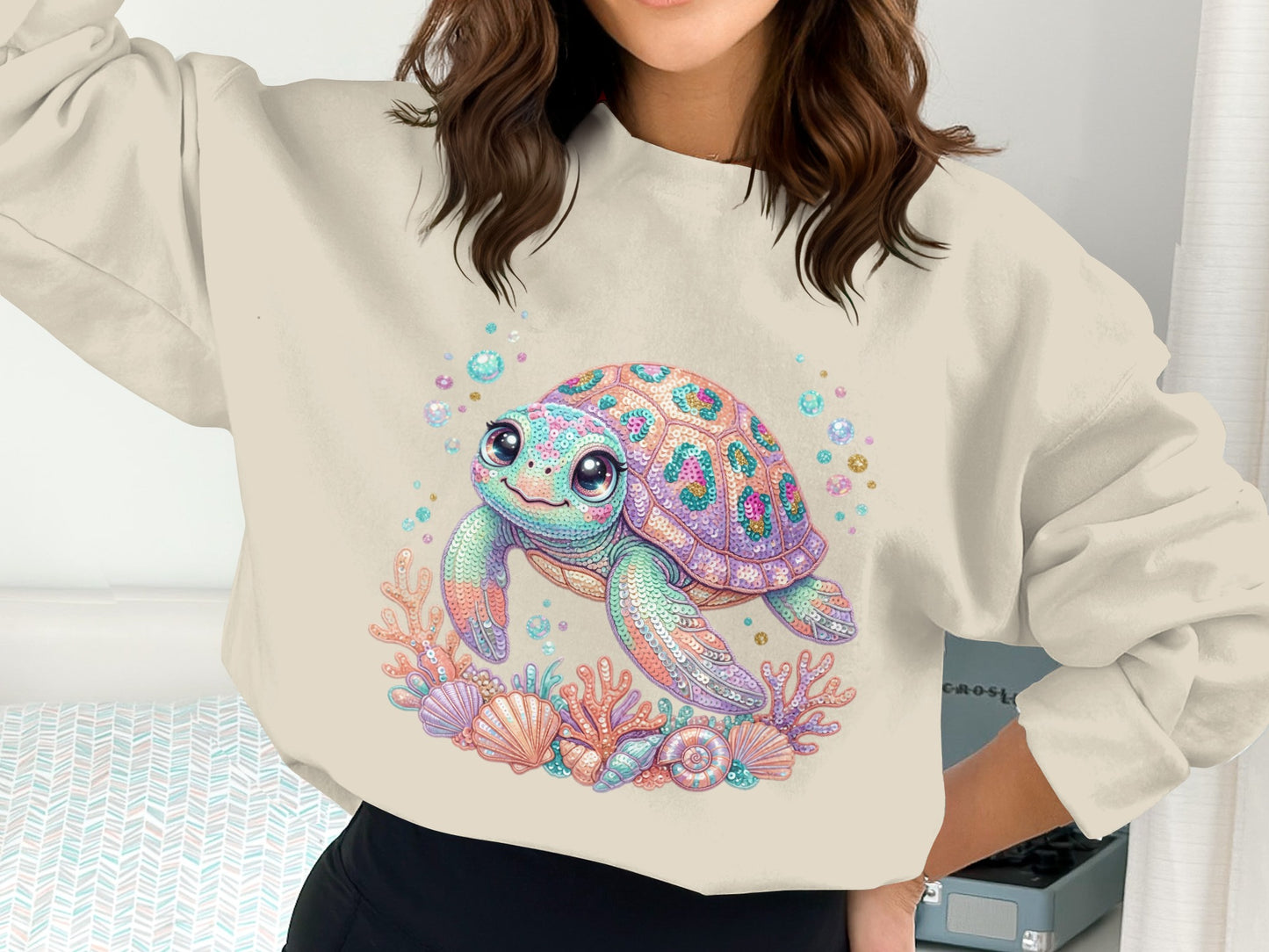 Whimsical watercolor sea turtle surrounded by colorful seashells and bubbles.