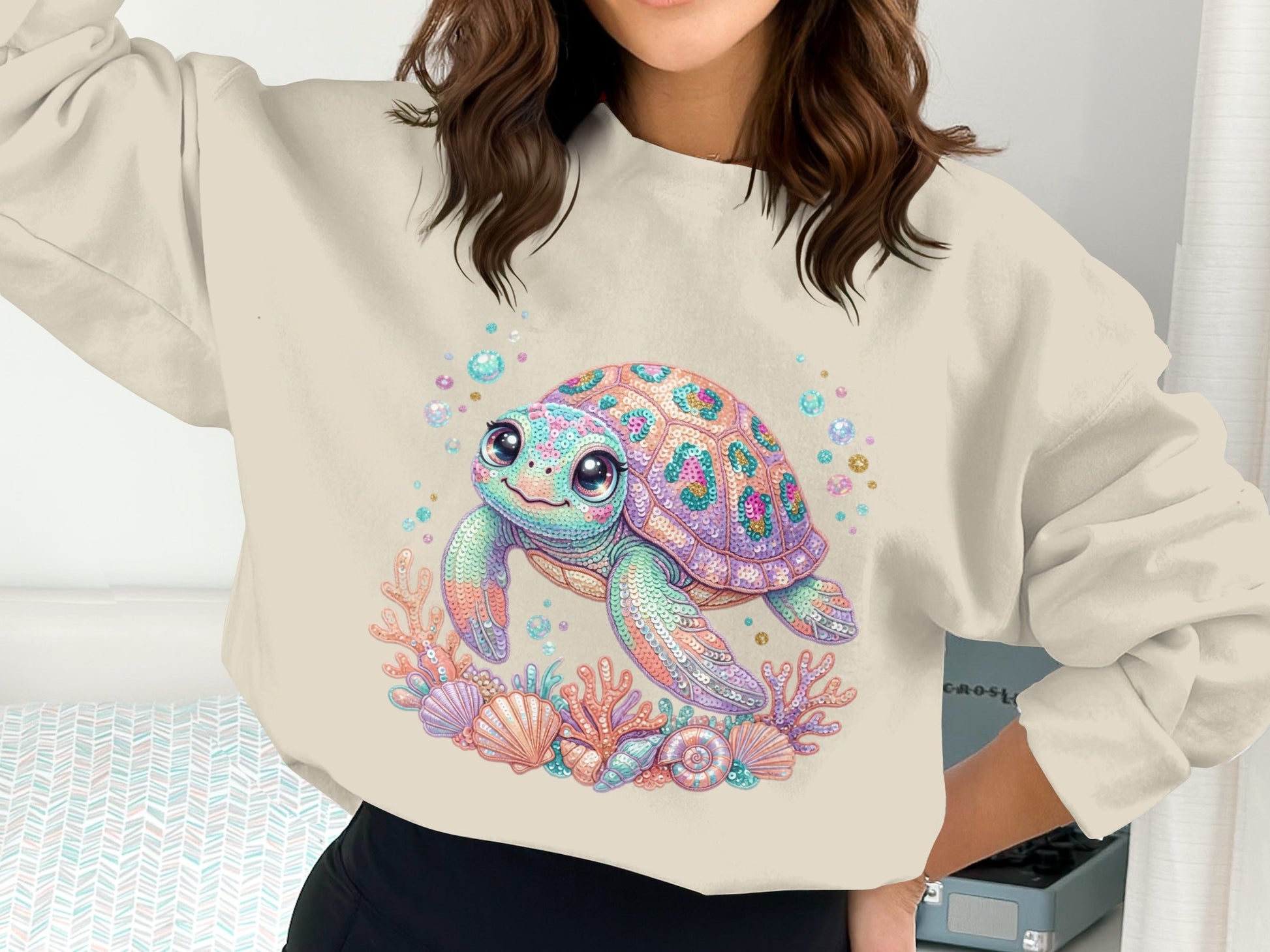 Whimsical watercolor sea turtle surrounded by colorful seashells and bubbles.