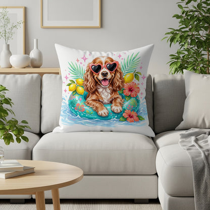 Dog in a pool float wearing heart-shaped sunglasses surrounded by lemons and tropical flowers.