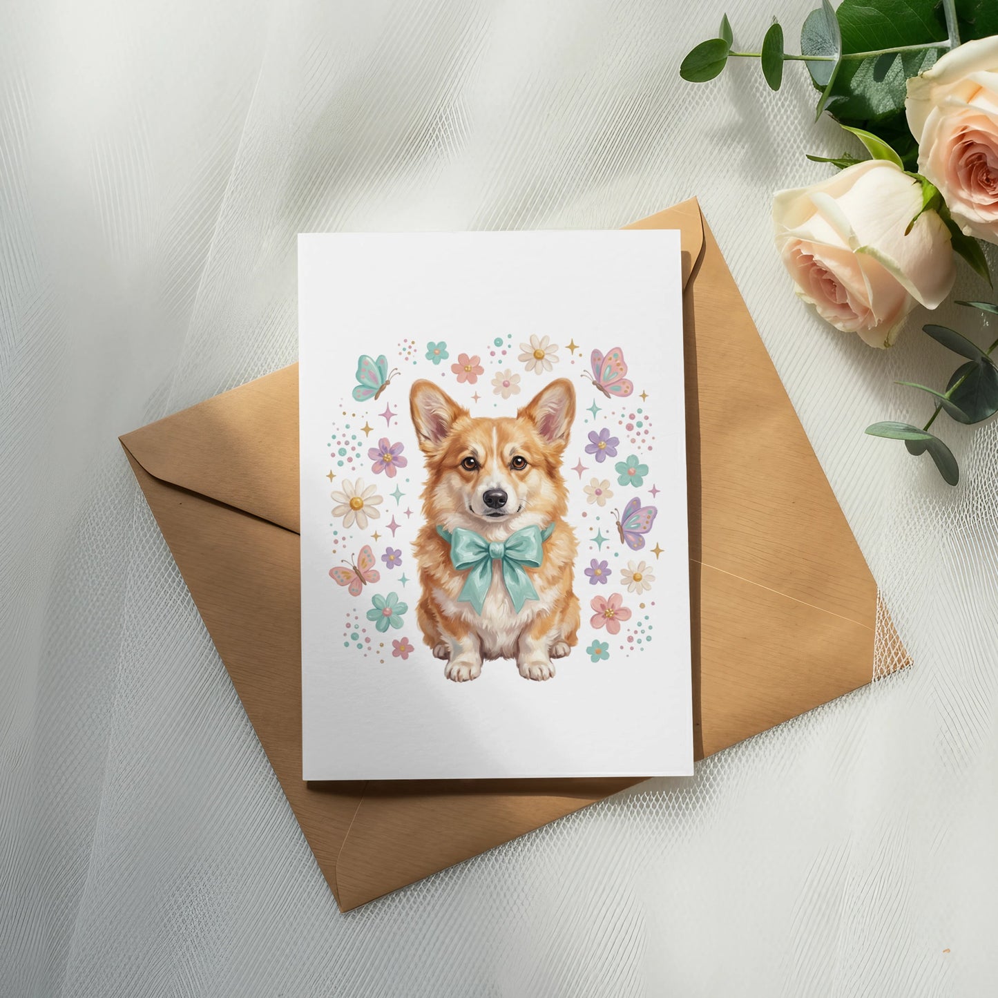 Corgi wearing a blue bow on a card with butterflies and flowers.