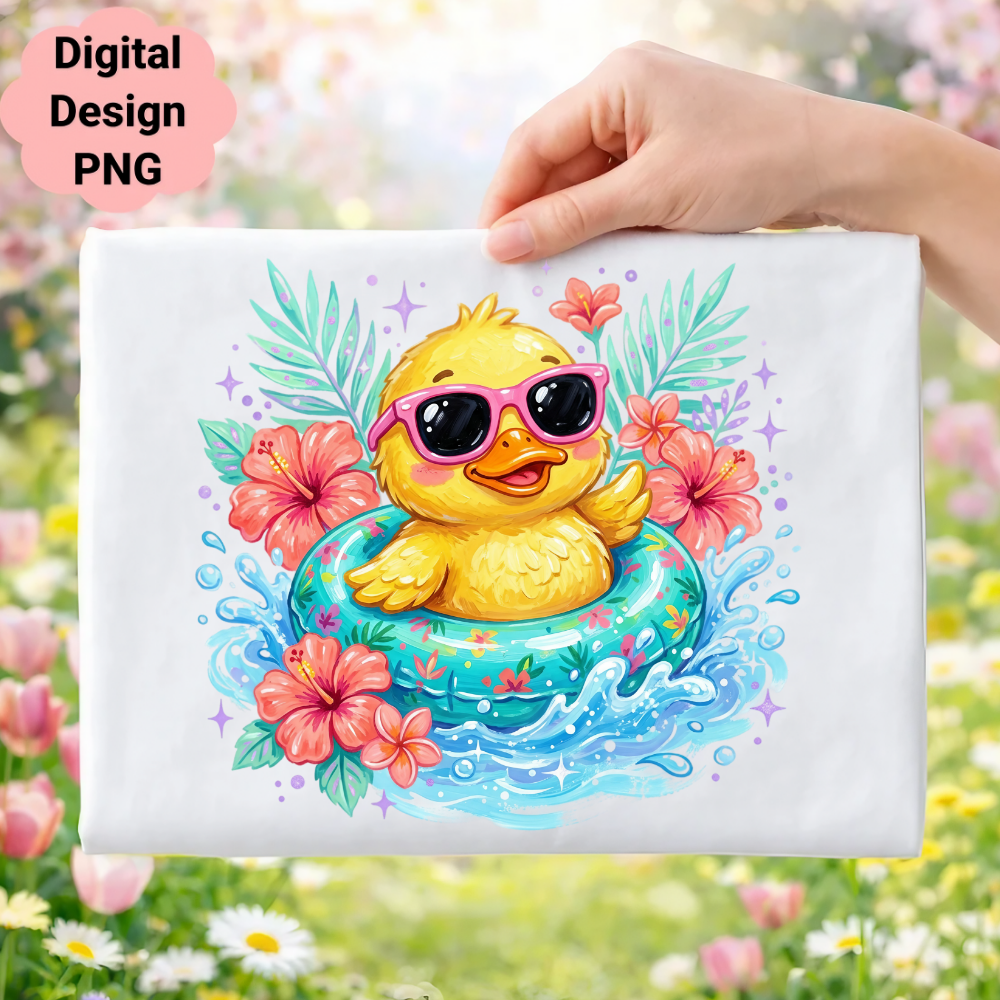 Cute cartoon duck wearing sunglasses in a life preserver, surrounded by flowers.