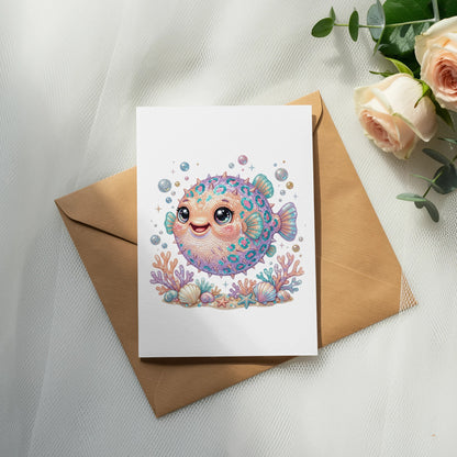 Cute cartoon pufferfish with shells and coral on an open card.