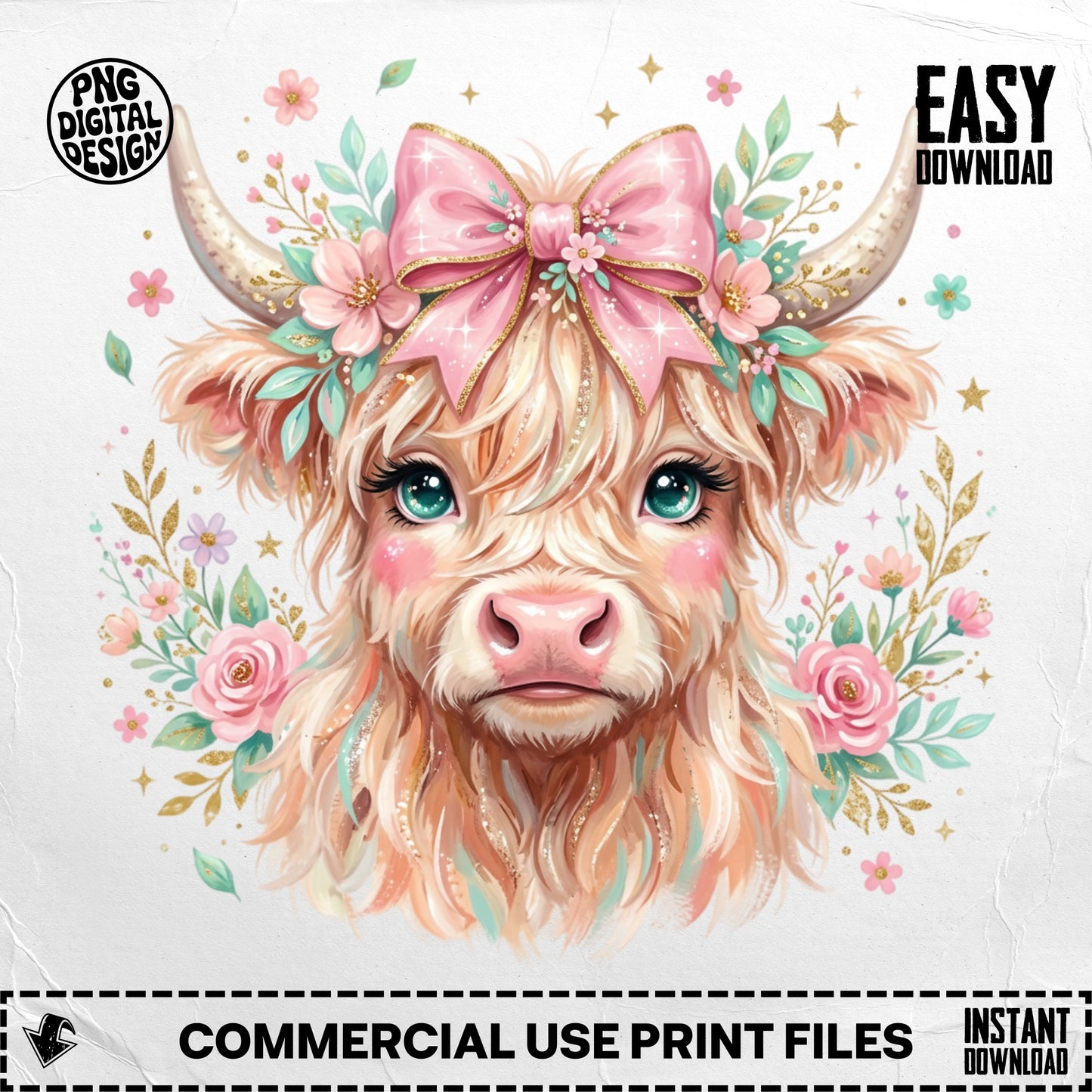 Highland cow with floral wreath and pink bow, watercolor style.