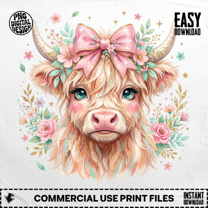 Highland cow with floral wreath and pink bow, watercolor style.