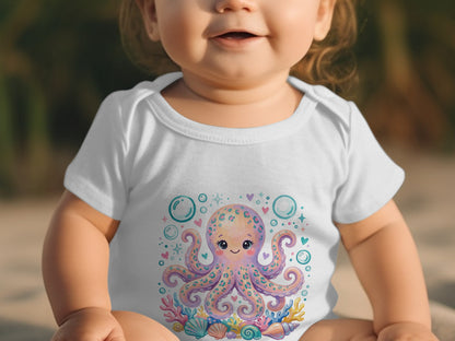 Baby wearing white bodysuit with a cute cartoon octopus design.