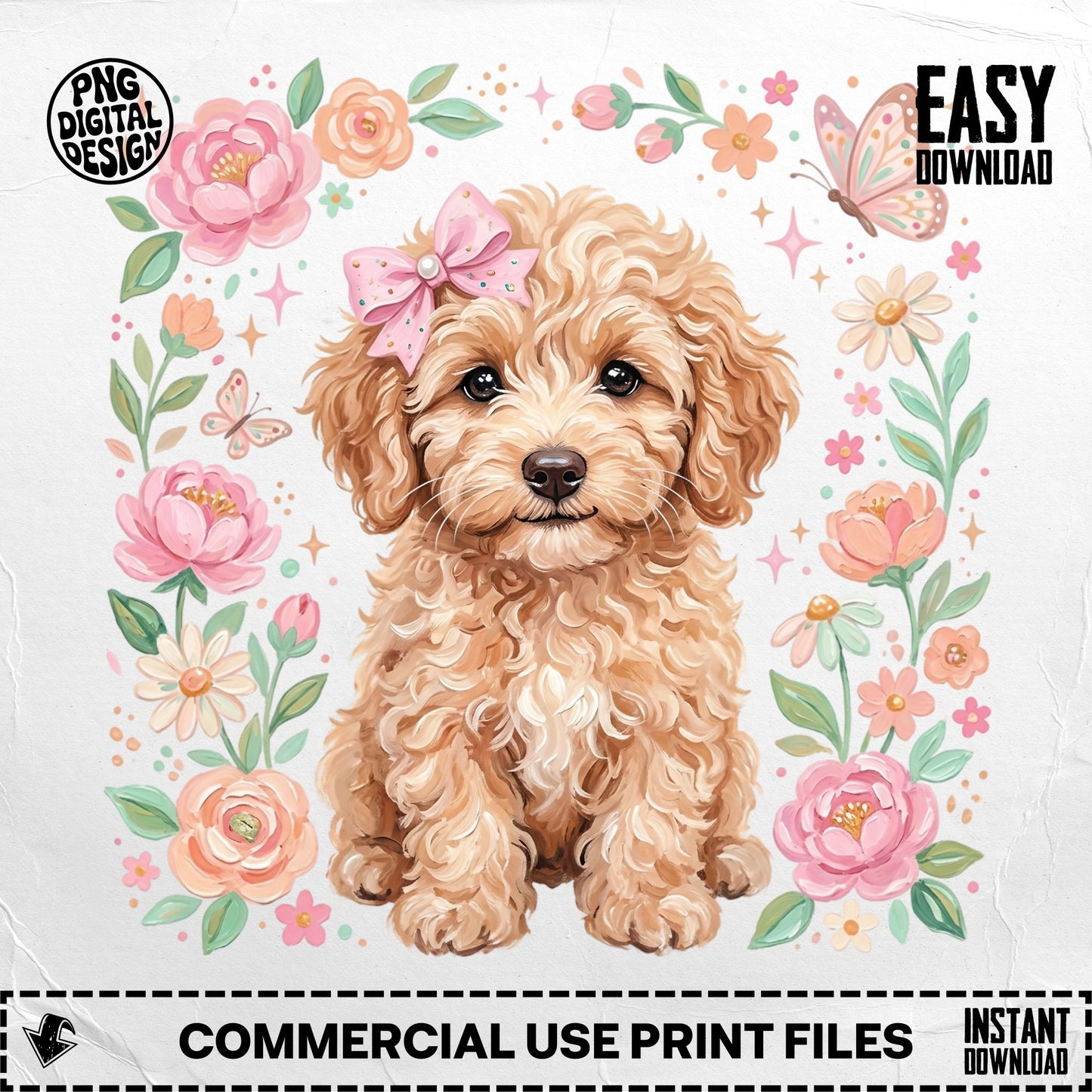Fluffy golden puppy with pink bow, surrounded by flowers and butterflies.