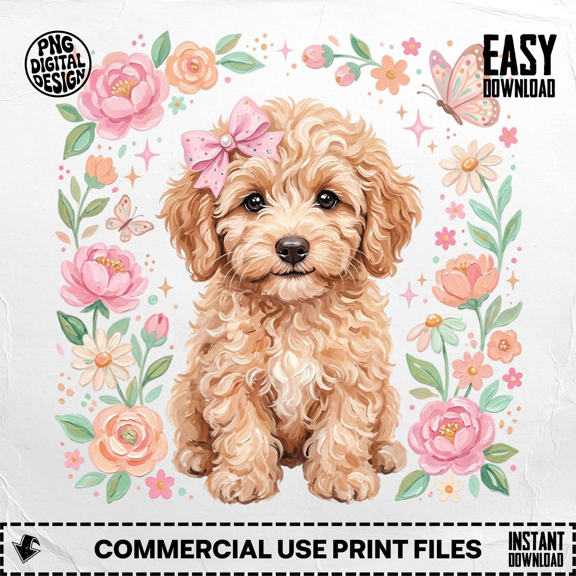 Fluffy golden puppy with pink bow, surrounded by flowers and butterflies.