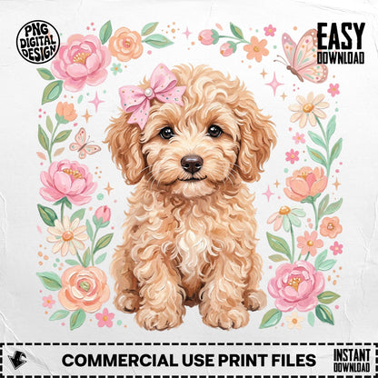 Fluffy golden puppy with pink bow, surrounded by flowers and butterflies.