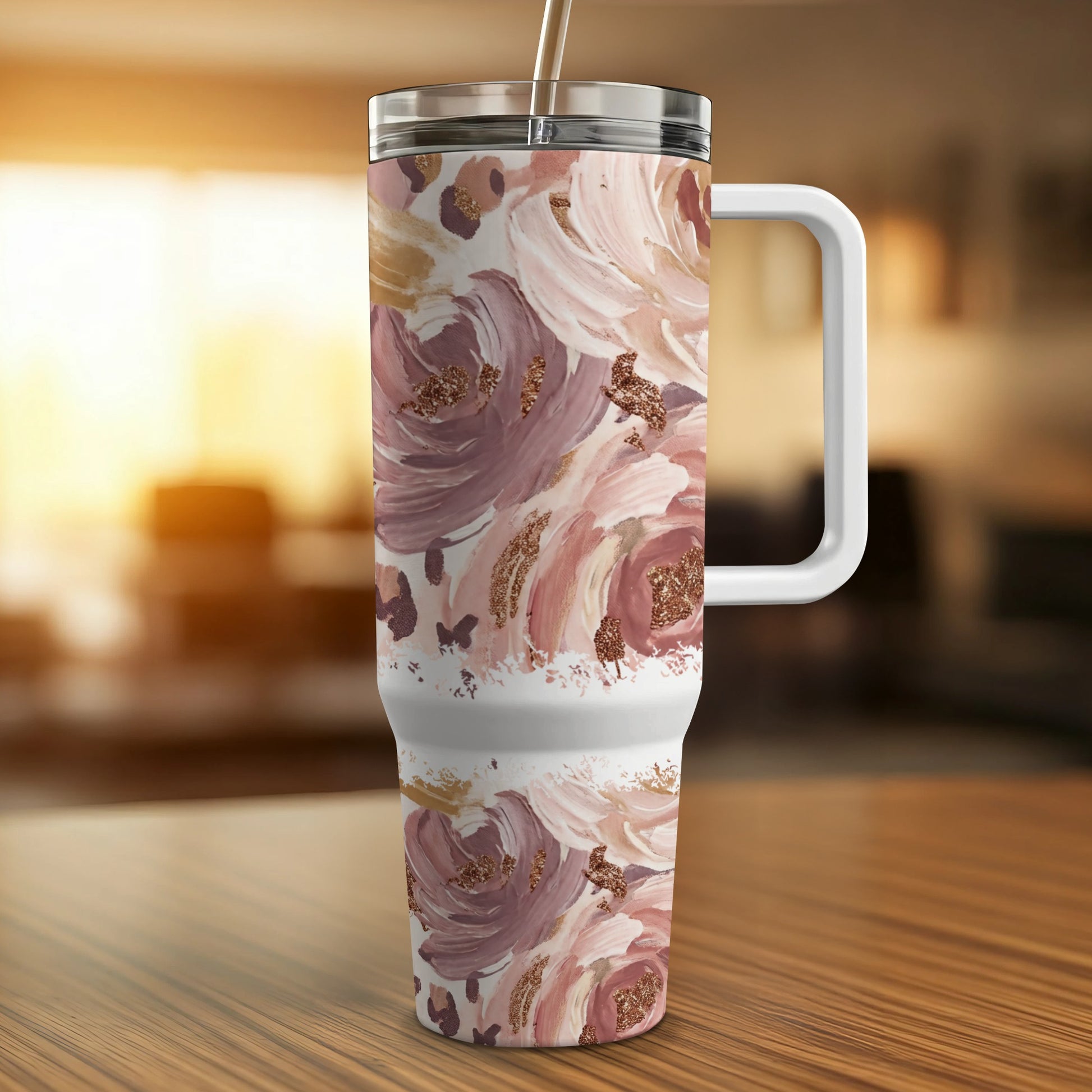White tumbler with a floral watercolor design, featuring roses and butterflies.