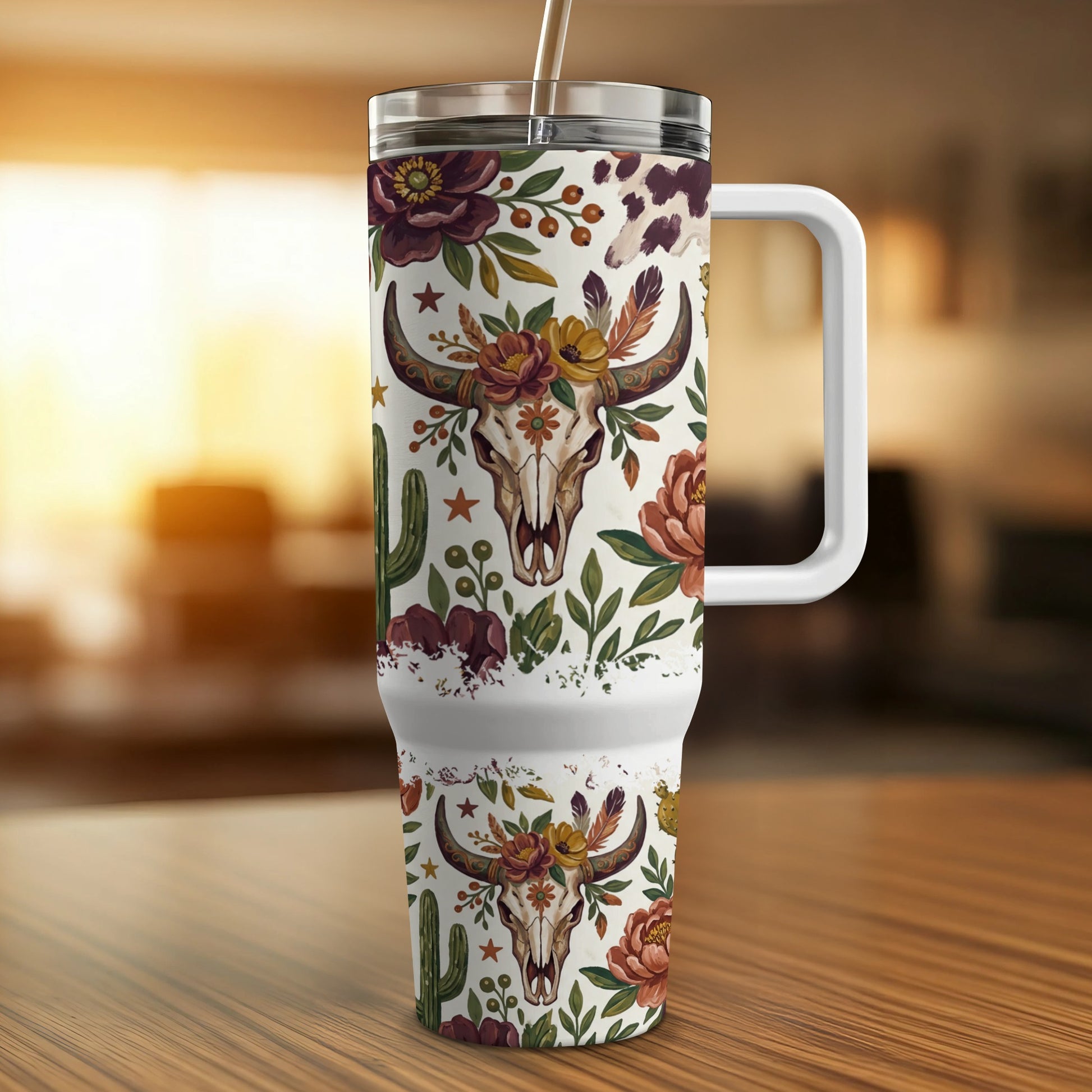 Cow skull with floral and feather accents on a white tumbler with handle.