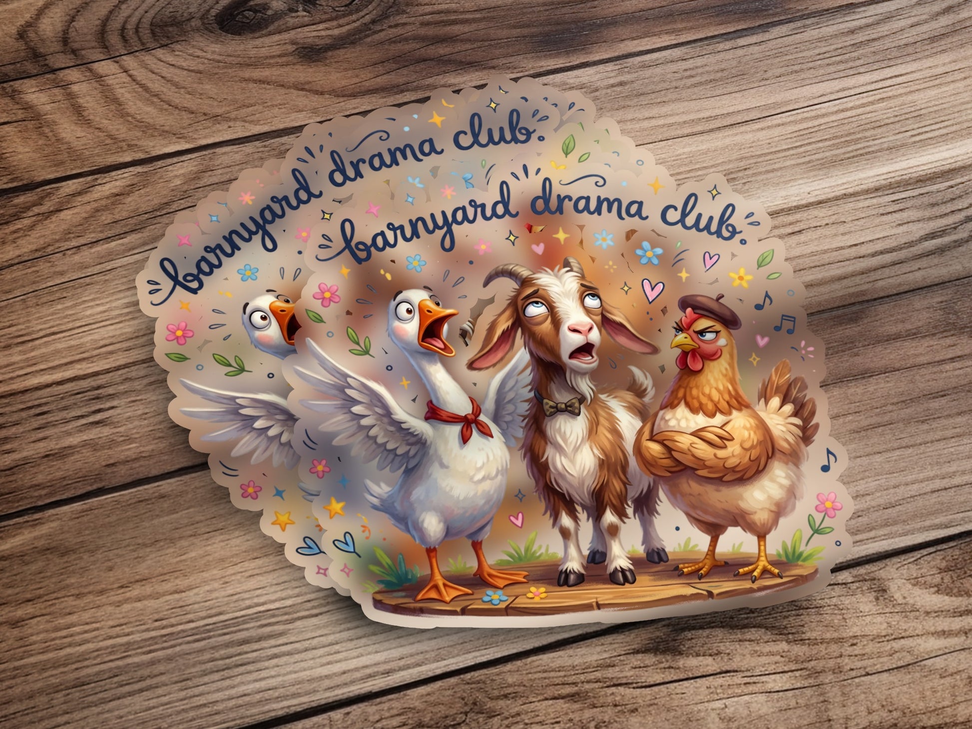 Barnyard drama club sticker featuring surprised goose, goat, and chicken.