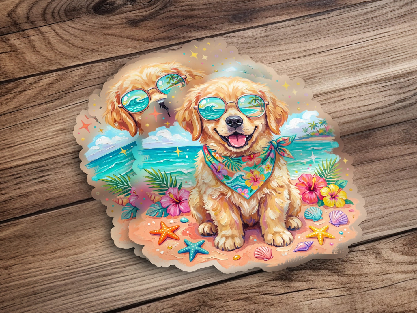 Golden retriever puppy wearing sunglasses and bandana on a beach.