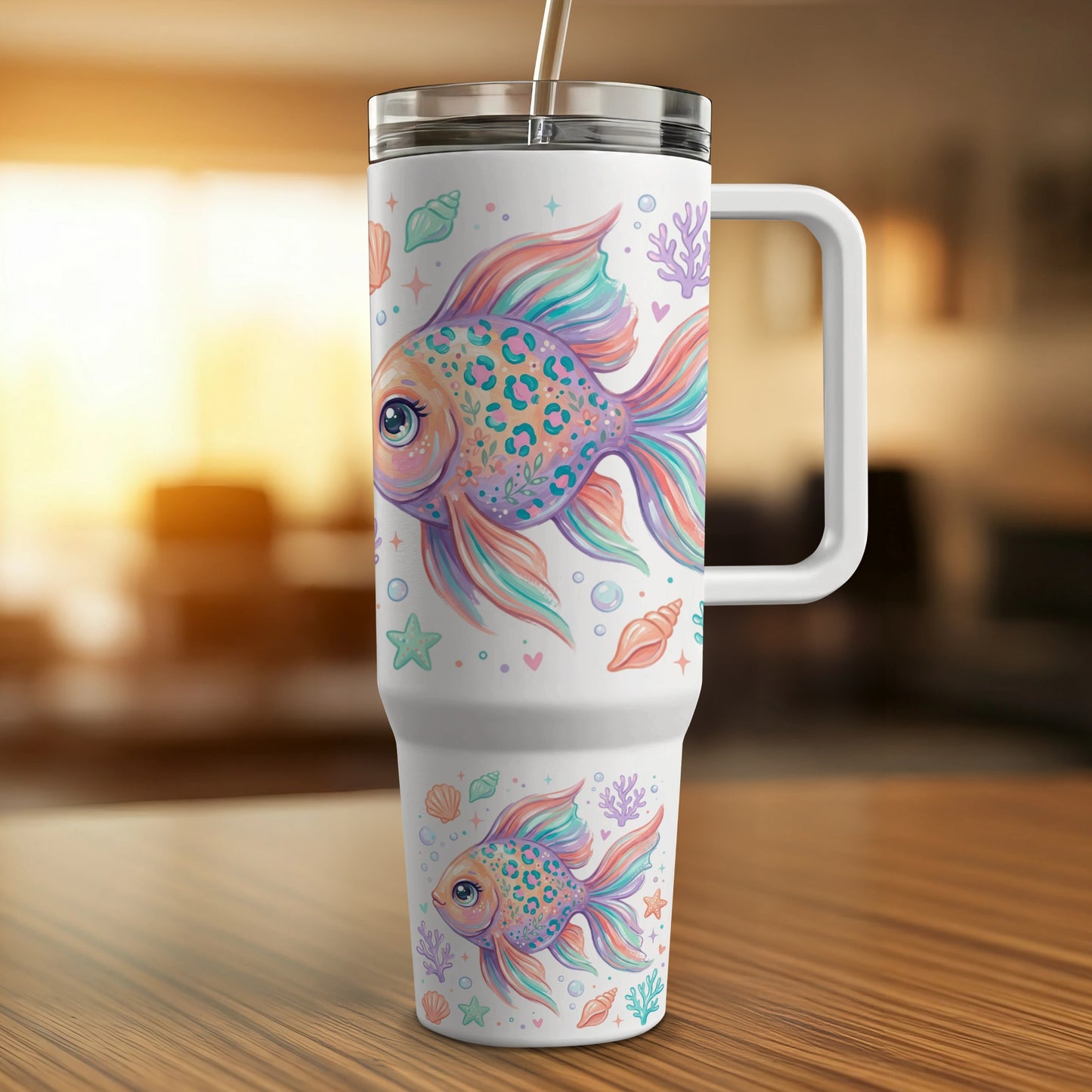 White tumbler with colorful fish, seashells, and coral patterns.
