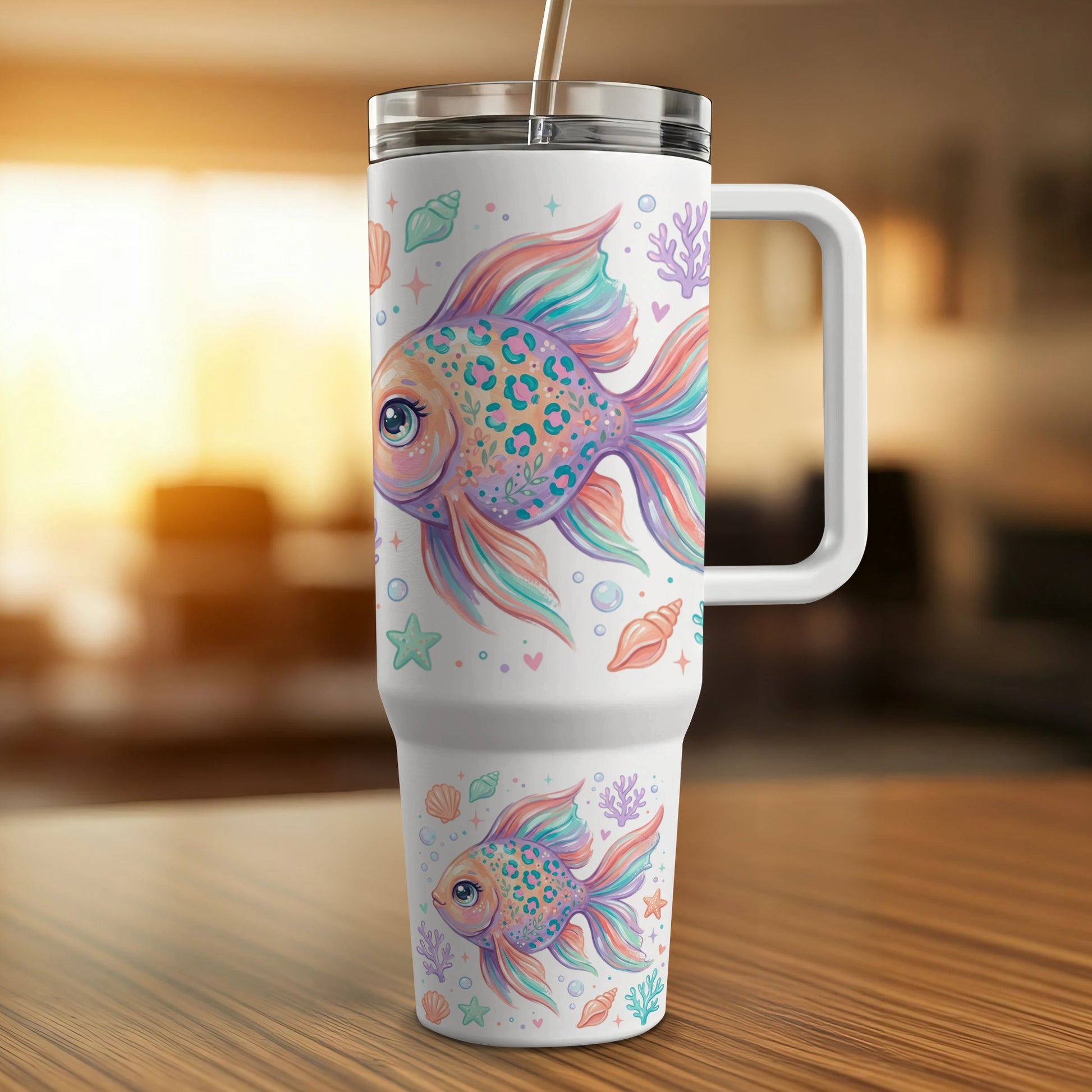 White tumbler with colorful fish, seashells, and coral patterns.