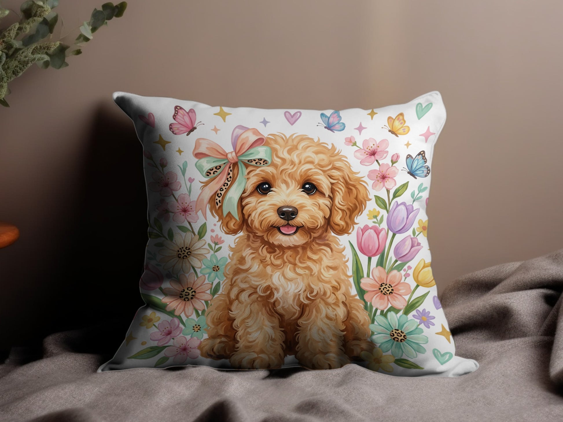 Fluffy dog with bow sits amongst pastel flowers and butterflies.