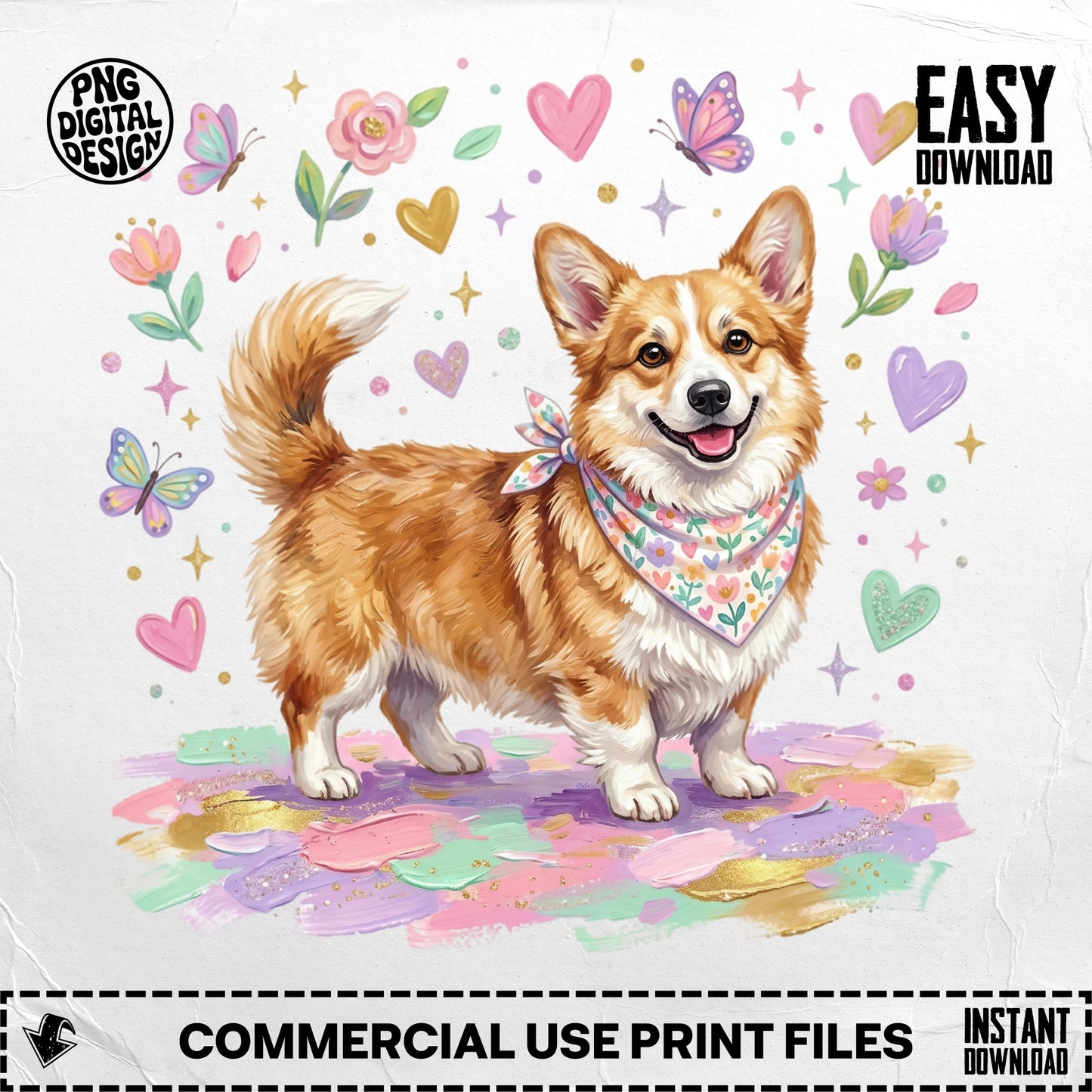 Corgi with a bandana, surrounded by hearts, butterflies, and watercolor splatters.