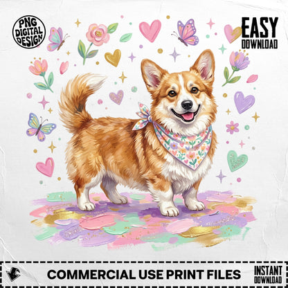 Corgi with a bandana, surrounded by hearts, butterflies, and watercolor splatters.