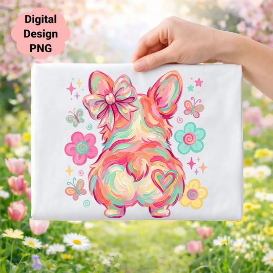 Corgi butt with colorful bow, butterflies, and flowers on a white background.