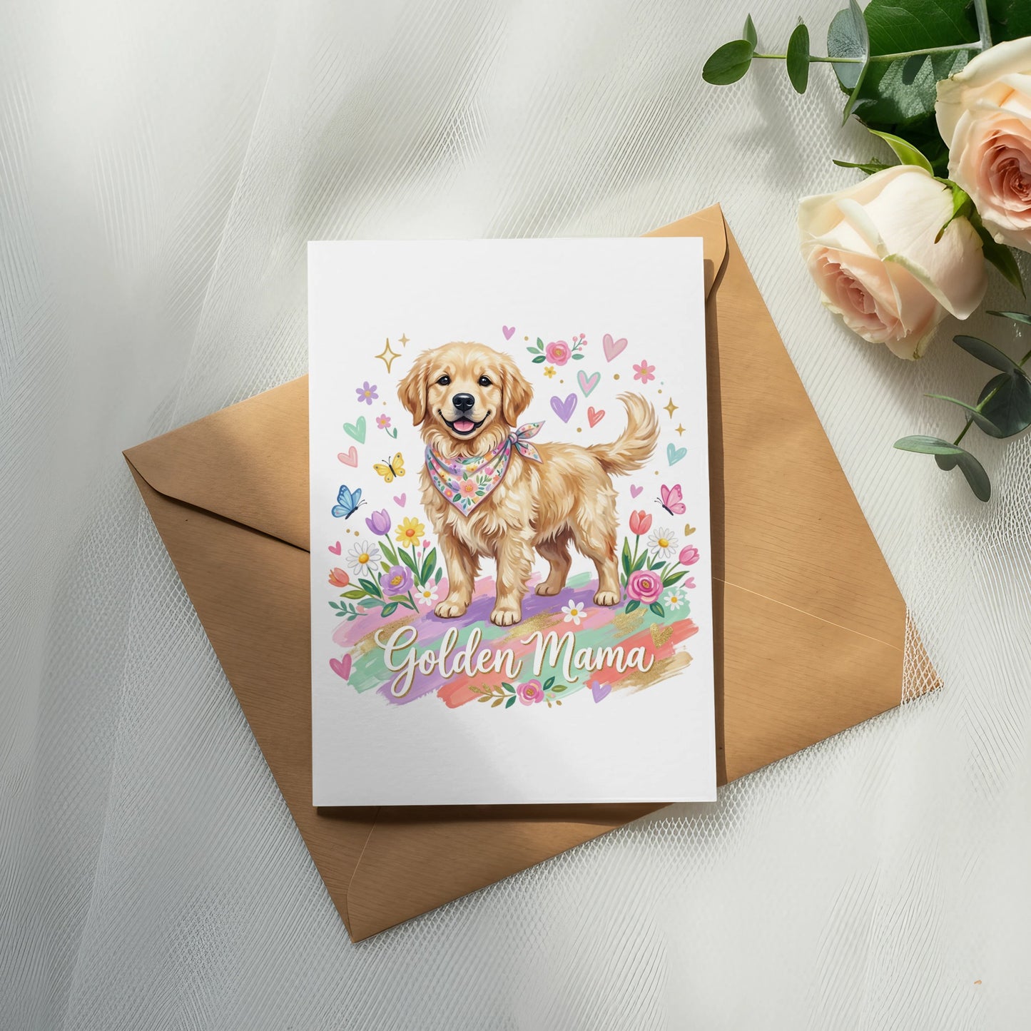 Golden Retriever puppy with "Golden Mama" text on a card with flowers.