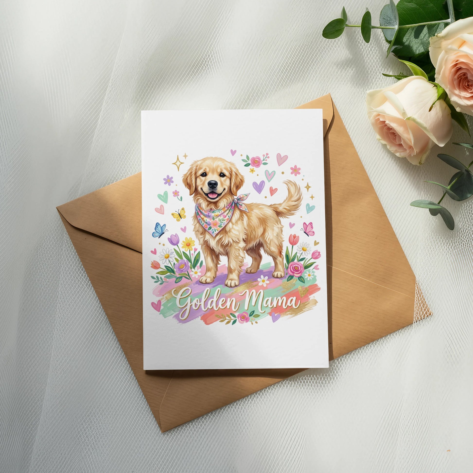 Golden Retriever puppy with "Golden Mama" text on a card with flowers.