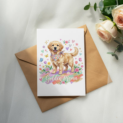Golden Retriever puppy with "Golden Mama" text on a card with flowers.