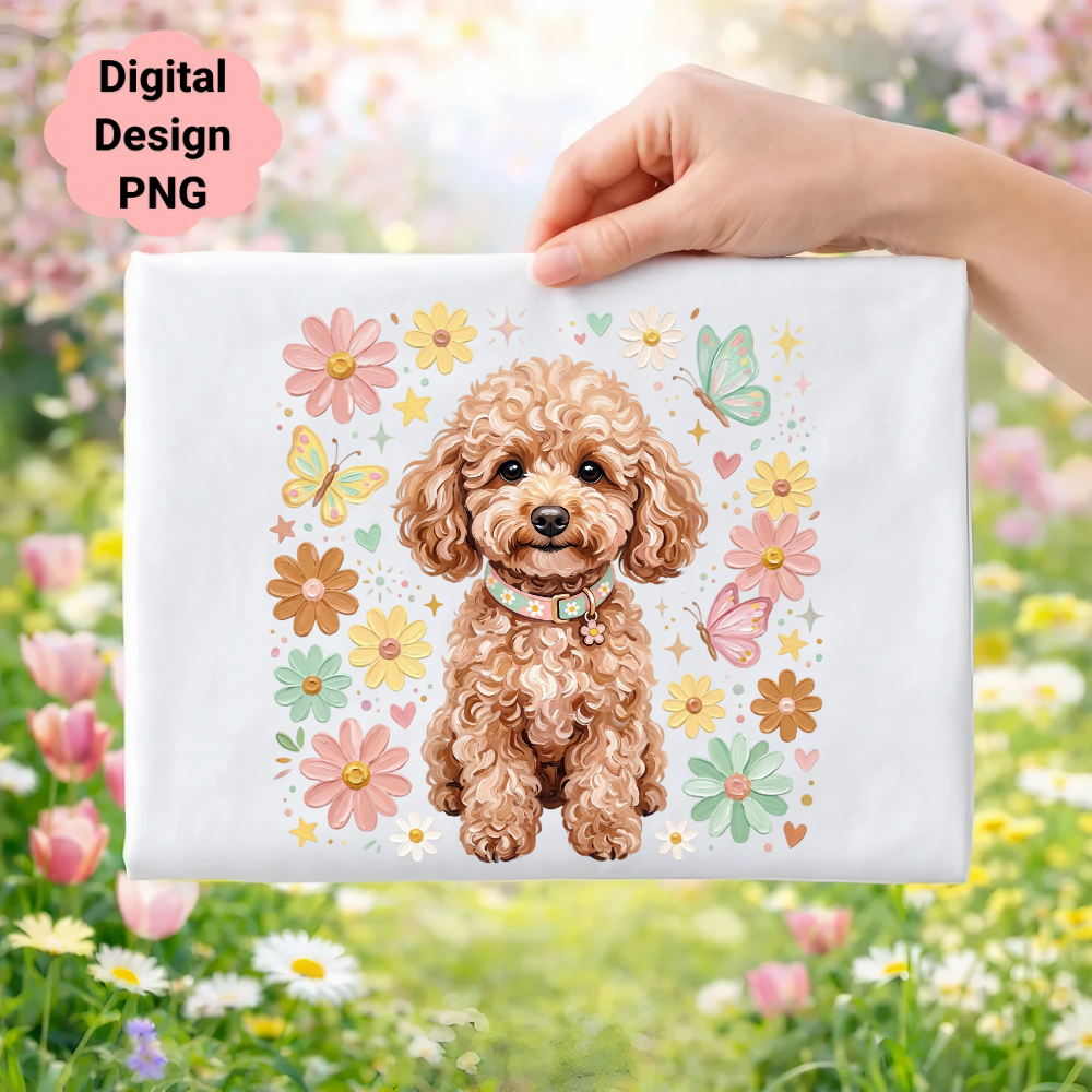Poodle with flowers and butterflies, digital design PNG