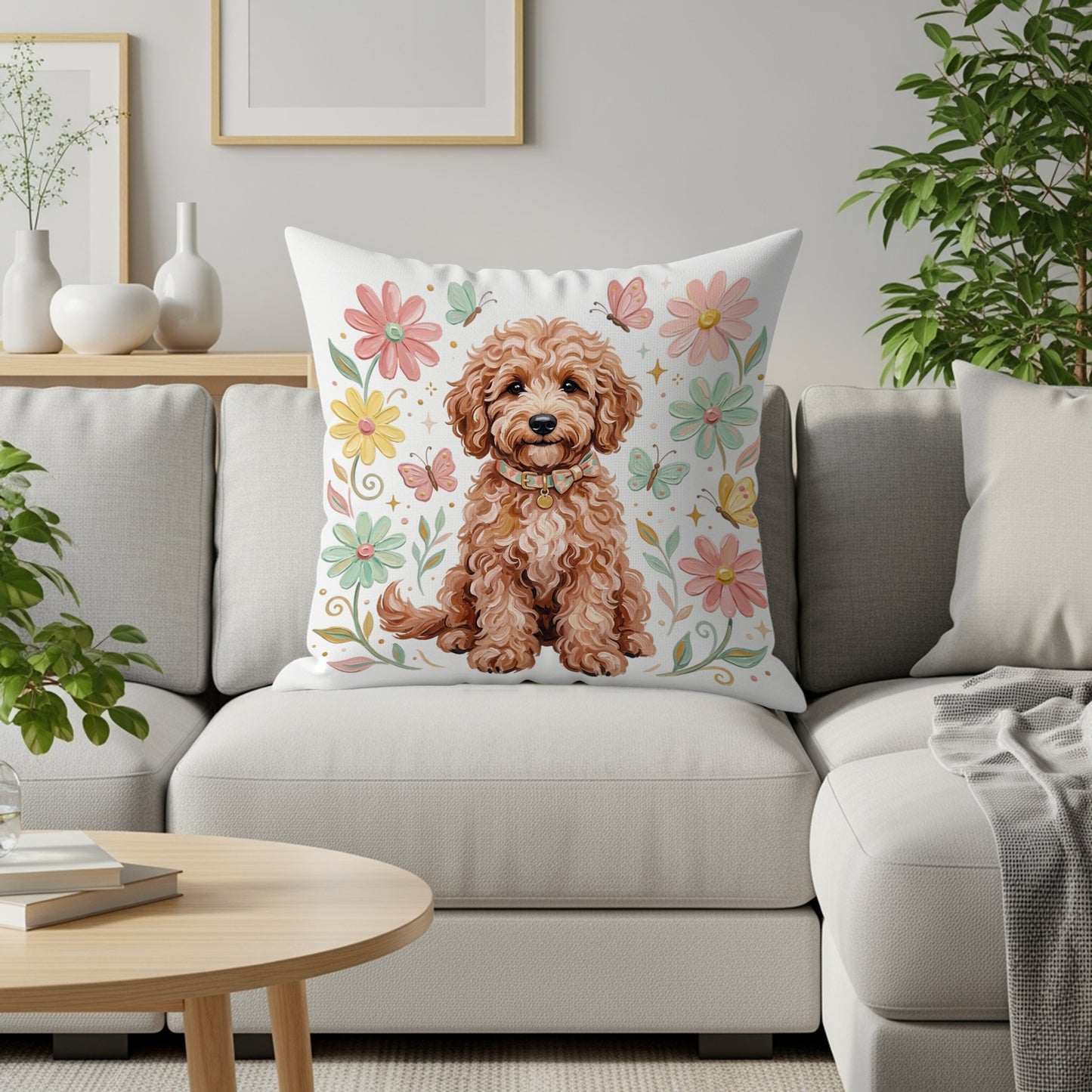 Fluffy dog on pillow with floral pattern and butterflies.