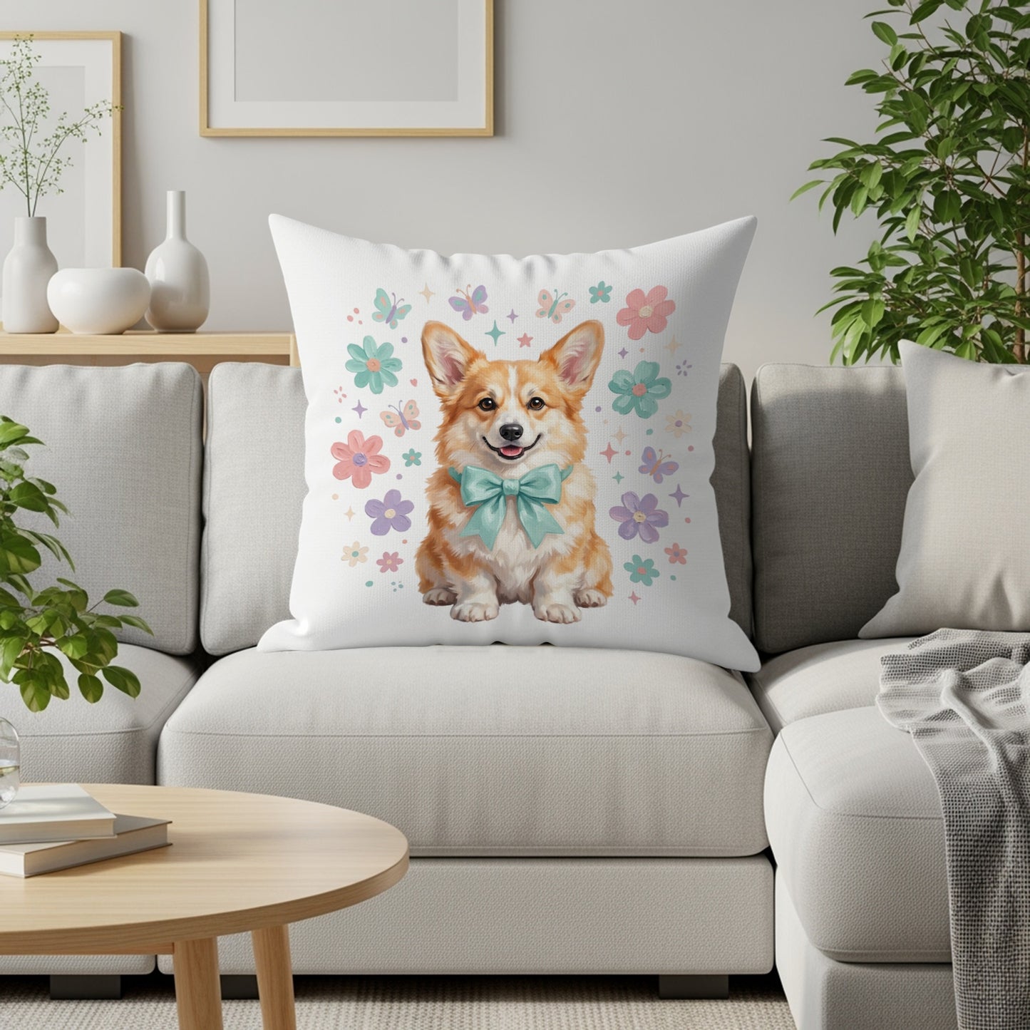 Corgi wearing a bow tie with a floral butterfly pattern on a couch.