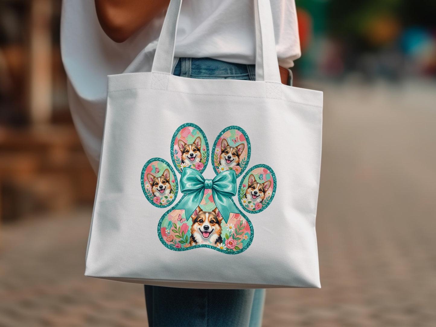 White tote bag with a paw print filled with corgi faces and a teal bow.