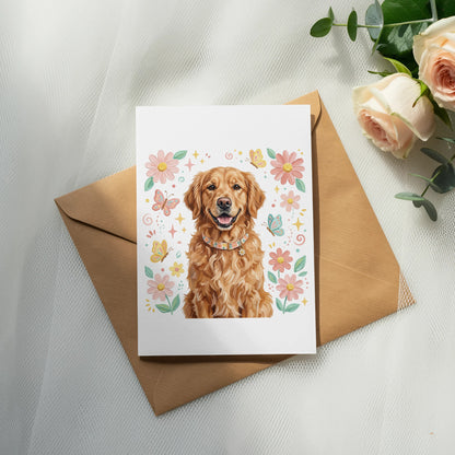 Golden retriever dog wearing a floral collar surrounded by flowers and butterflies.
