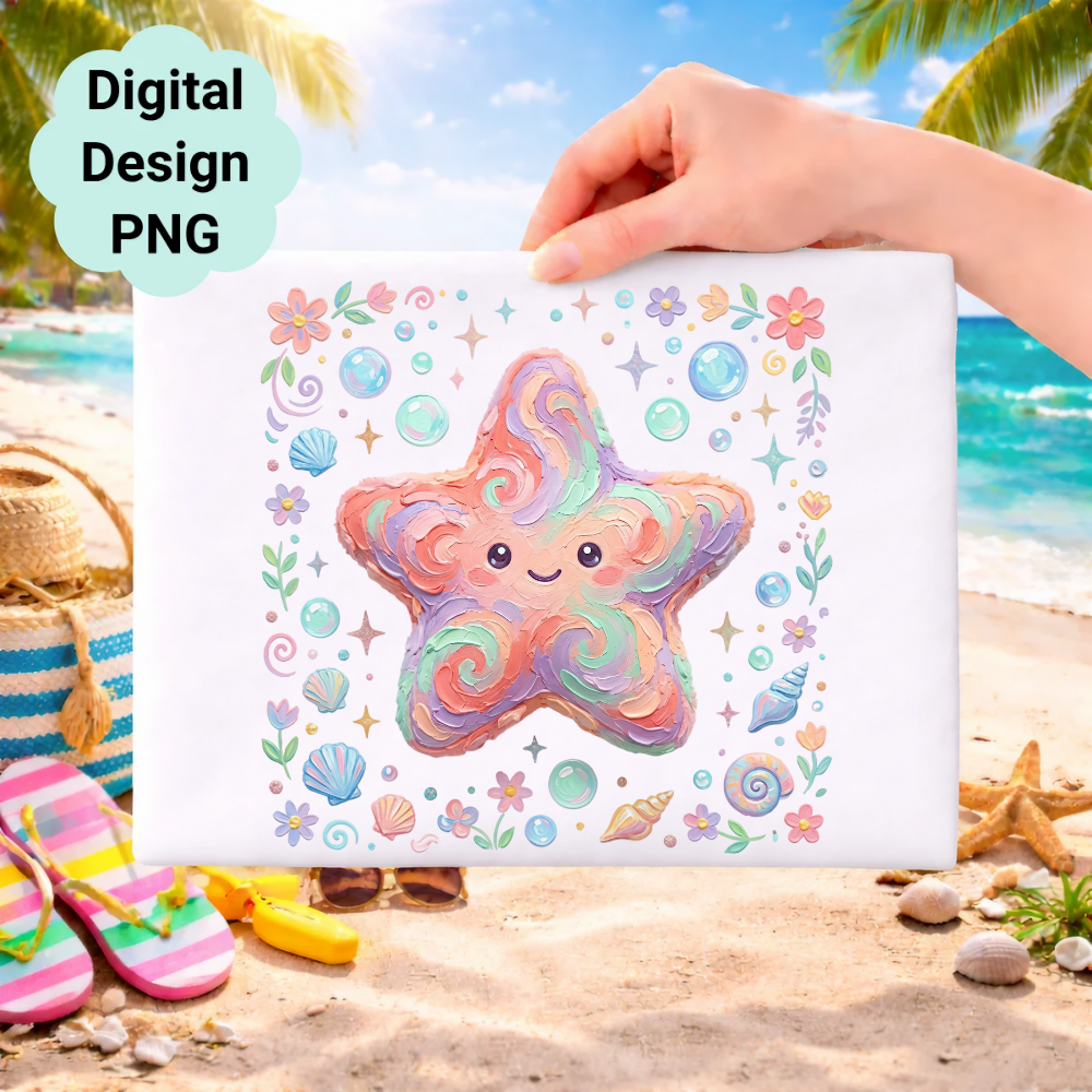 Kawaii pastel starfish illustration with shells and flowers on a beach background.