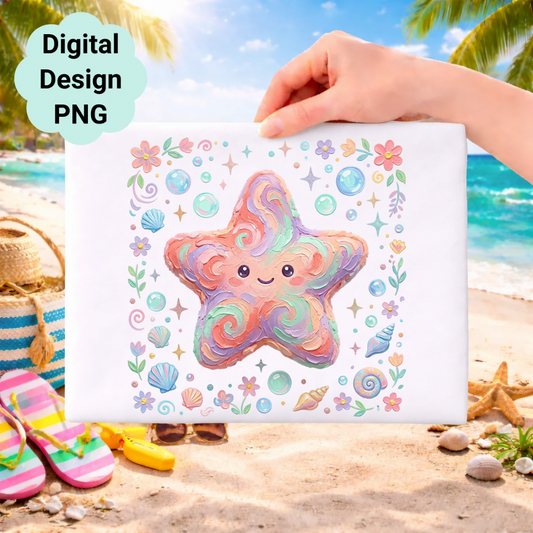 Kawaii pastel starfish illustration with shells and flowers on a beach background.