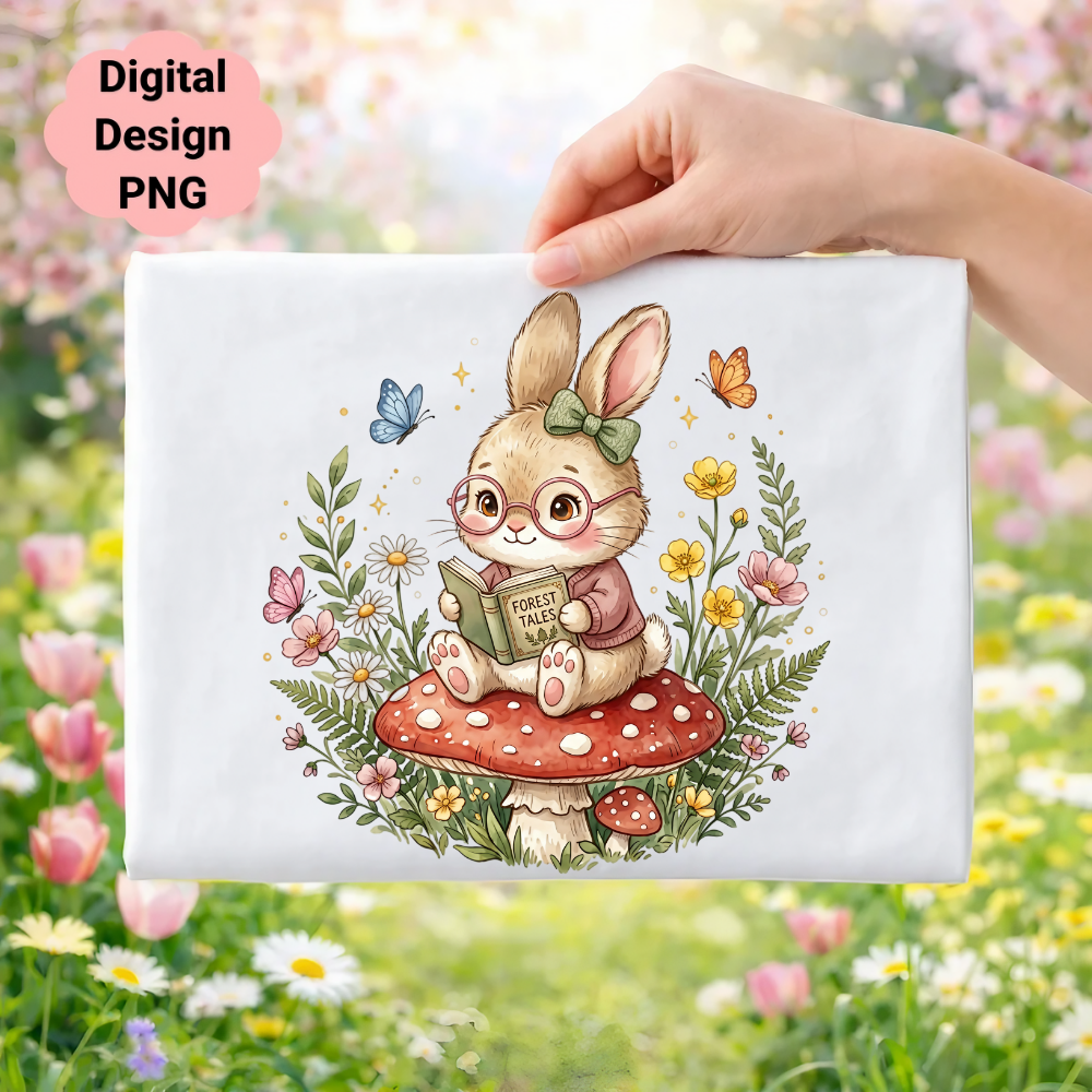 Cute bunny wearing glasses reading a book on a mushroom, surrounded by flowers.
