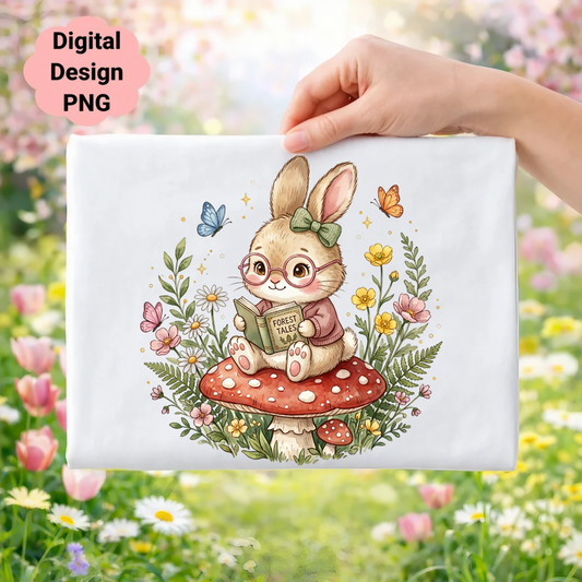 Cute bunny wearing glasses reading a book on a mushroom, surrounded by flowers.