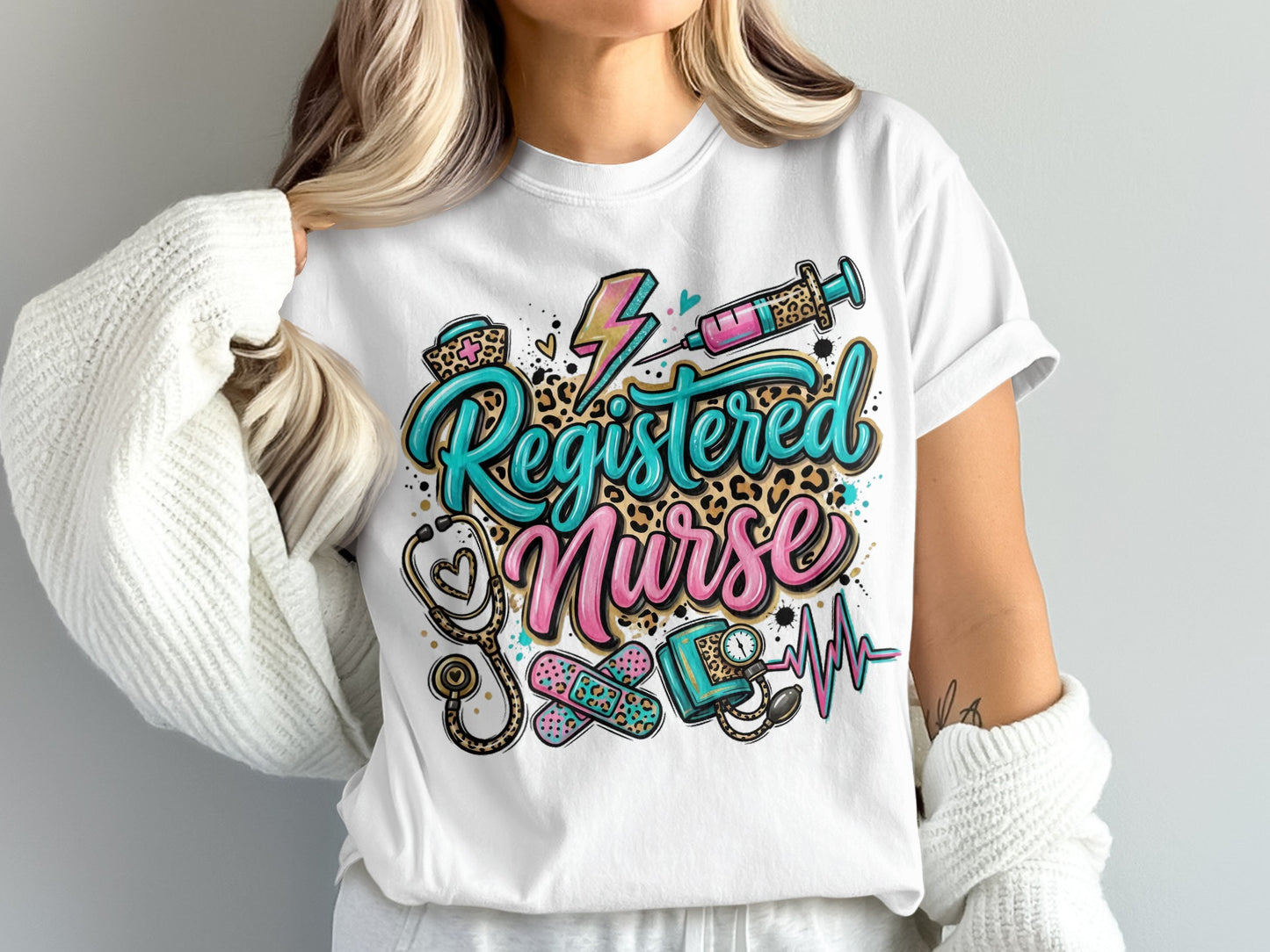 Registered Nurse text with stethoscope, syringe, heartbeat, and bandage graphics.