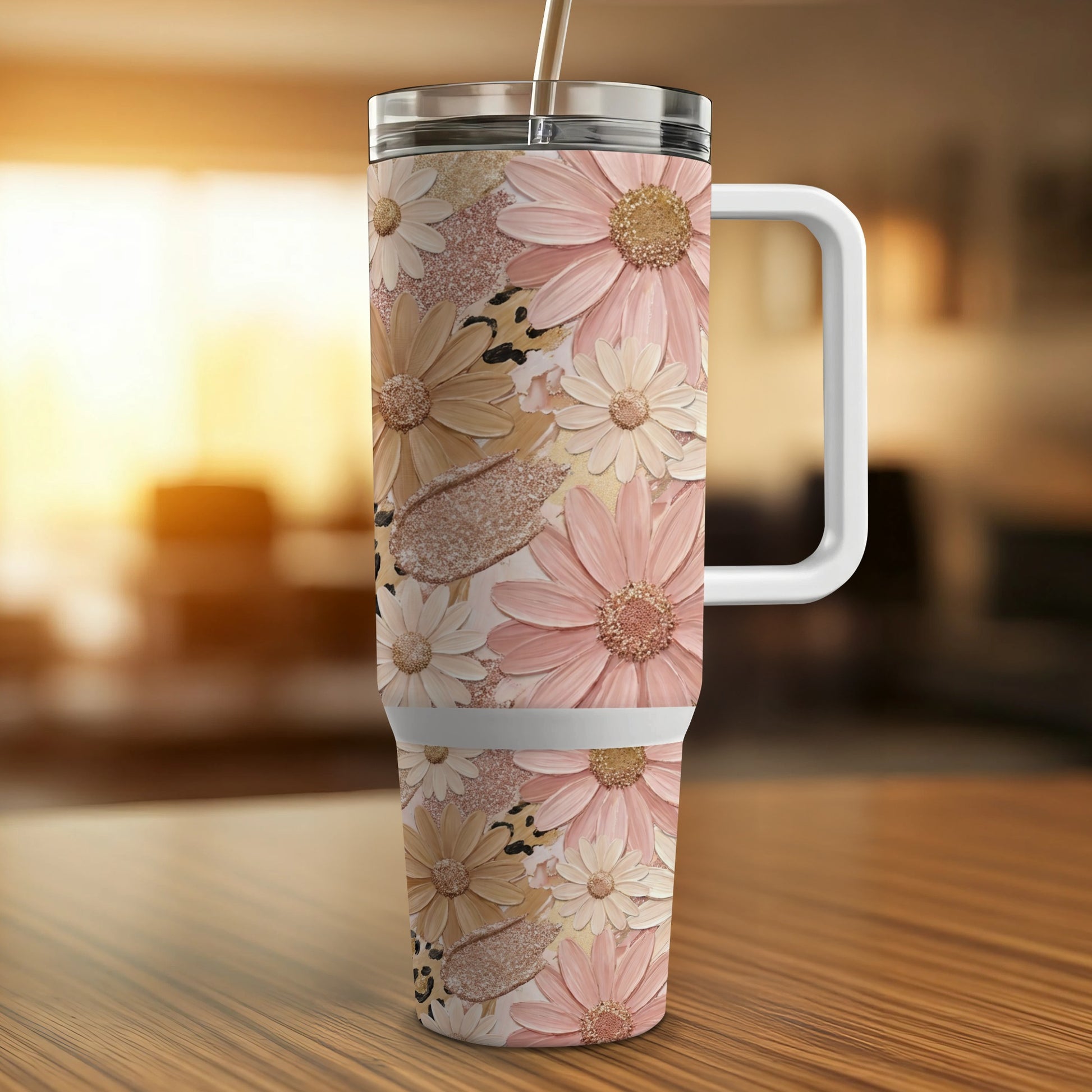 Pink daisy and leopard print tumbler with straw and handle.