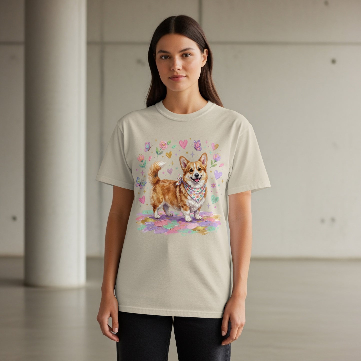 Tan t-shirt with a watercolor corgi dog wearing a bandana.