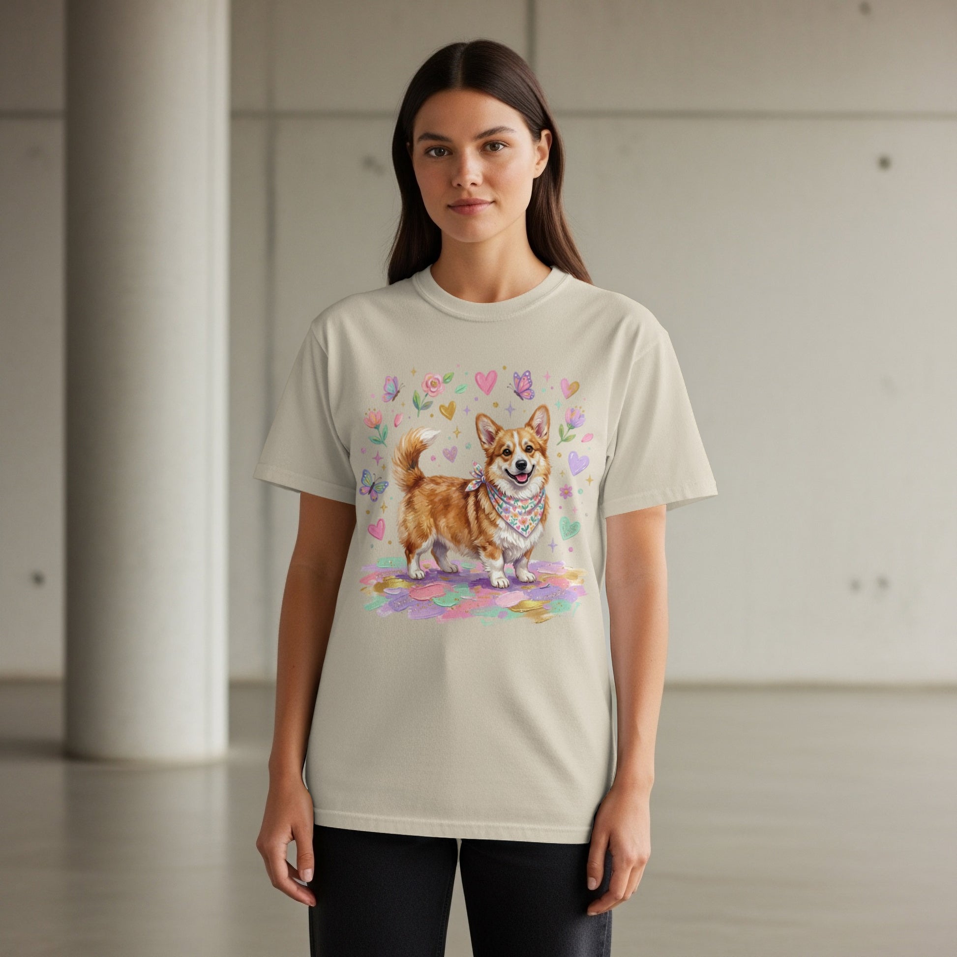 Tan t-shirt with a watercolor corgi dog wearing a bandana.
