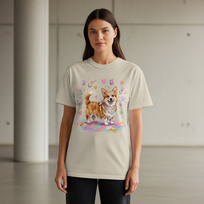 Tan t-shirt with a watercolor corgi dog wearing a bandana.