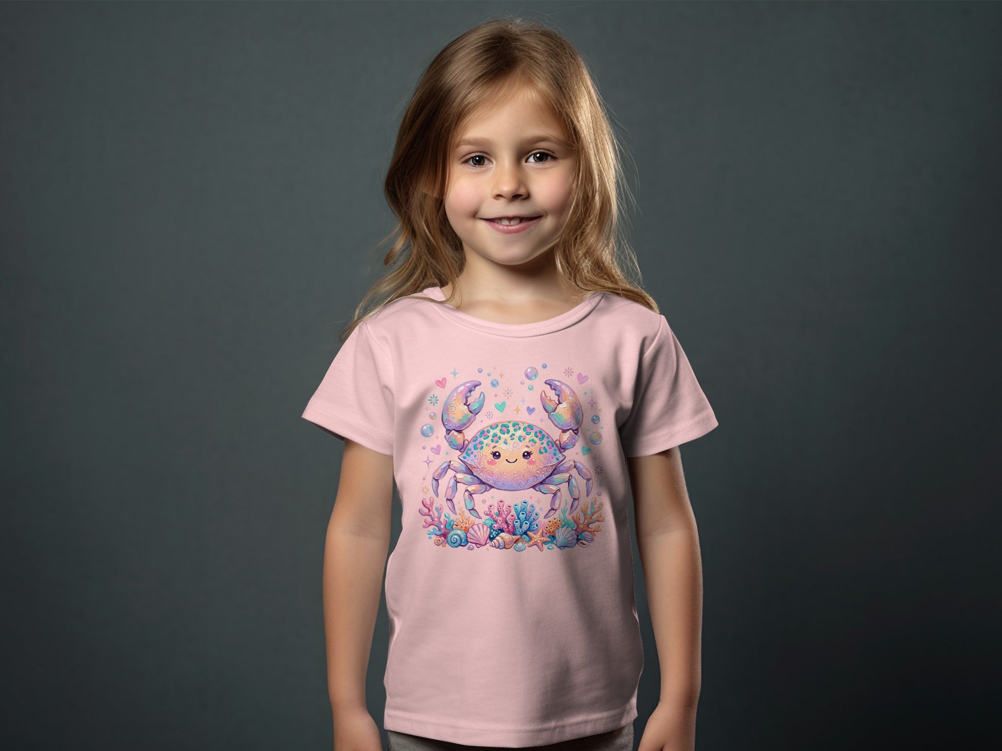 Pink t-shirt with a smiling cartoon crab and coral graphic.